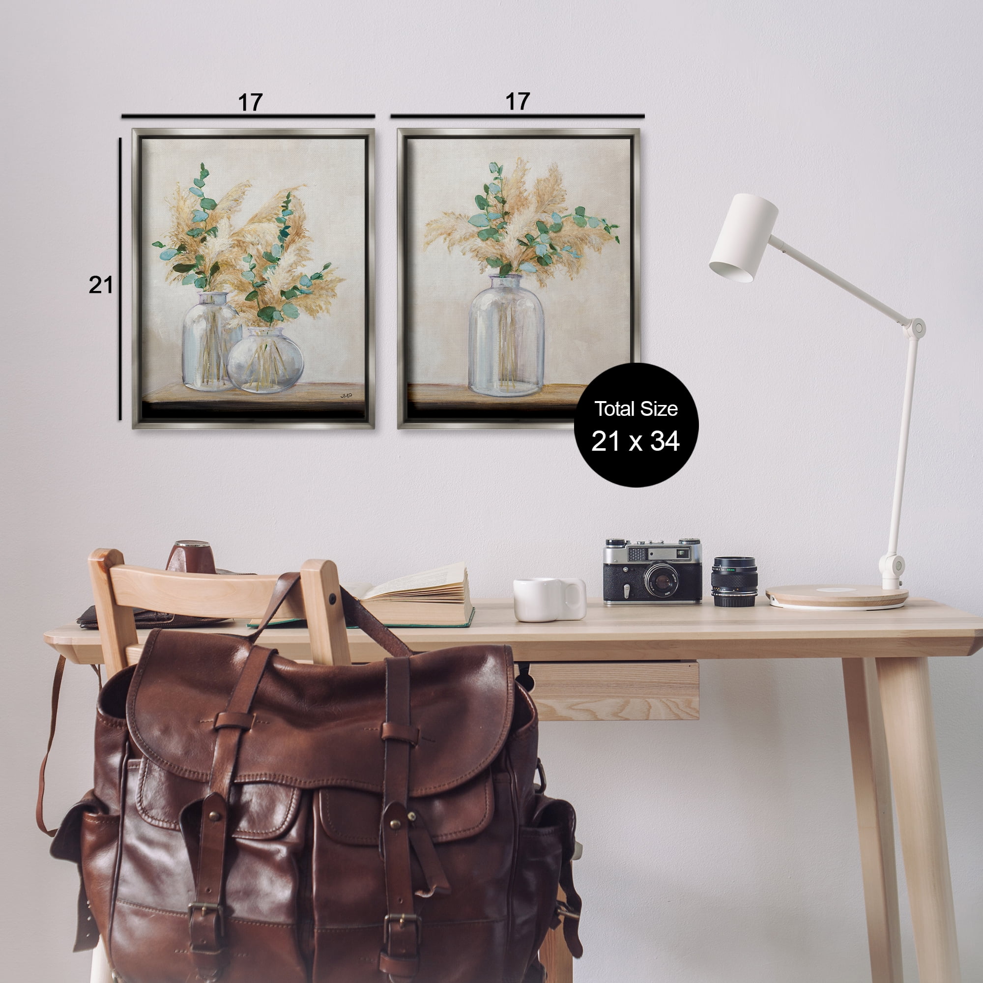 Stupell Industries Pampas Eucalyptus Bouquet Plants & Flowers Painting Gray Floater Framed Canvas Art Print Wall Art, 17 x 21, Set of 2