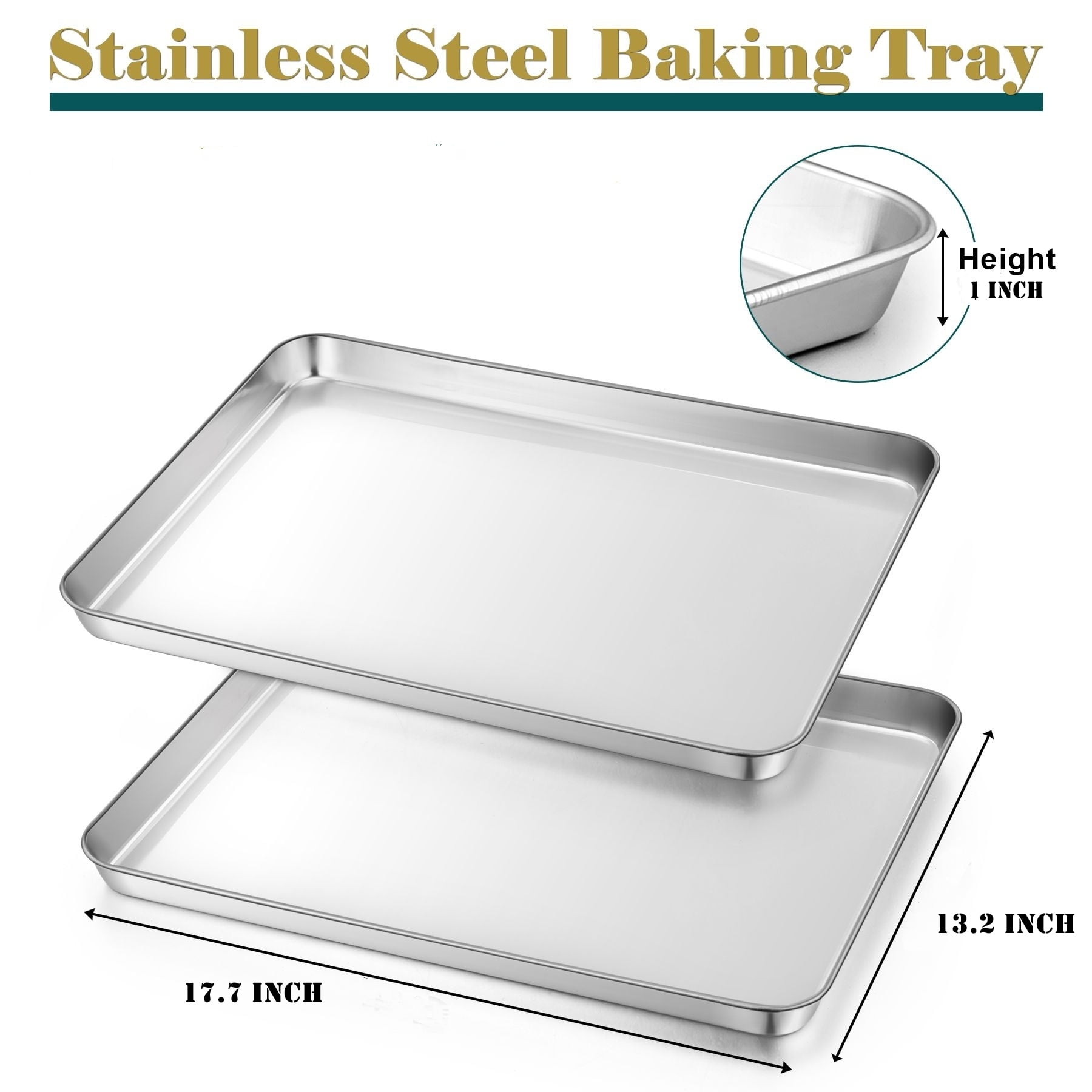 Walchoice Stainless Steel Baking Sheets, Professional Cookie Sheet Set of 2, Metal Oven Trays, Size: 16 x 12 x 1, Silver