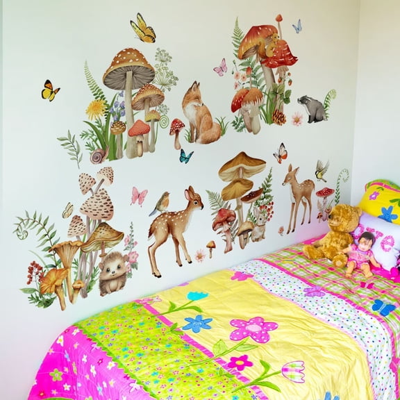 Woodland Village Wall Decals – Forest Animals & Mushrooms,Deer Removable Baby Girl Boy Bedroom Stickers Peel and Stick, Watercolor Playroom Decoration