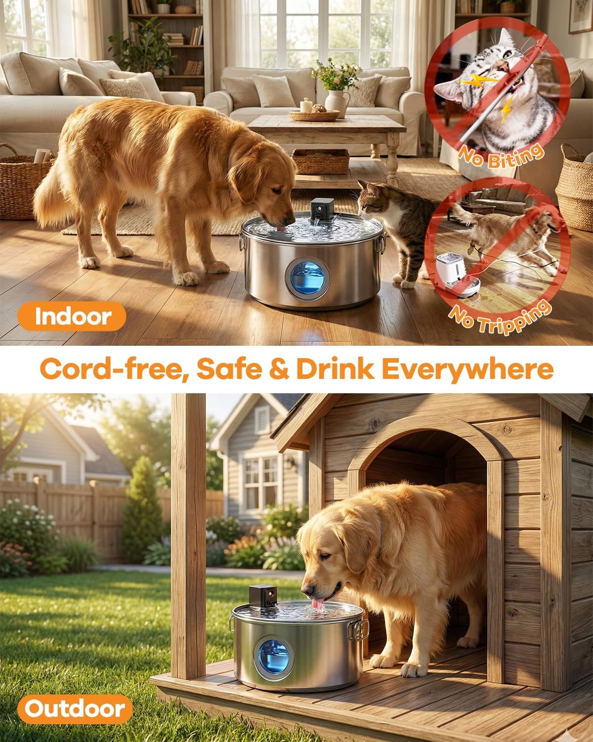 3.4Gal Wireless Automatic Dog Water Fountain, 12L Stainless Steel Pet Water Bowl Dispenser with 3 Modes, Ultra Quiet Multi-Filtration System for Large Dogs
