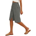 thumbnail image 6 of Yeaiivve Women Linen Bermuda Shorts Side Slit Pull On Shorts High Waist Wide Leg Beach Resort Pants Baggy Five-Point Casual Pants with Pockets Gray,L, 6 of 6