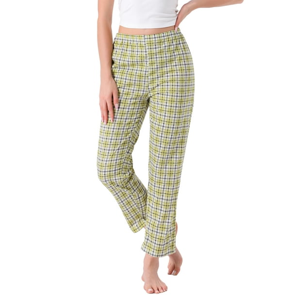 Pantalones de pijama de algodón a cuadros para mujer, con cintura elástica y bolsillo, pantalones de lounge largos, M, a cuadros amarillos