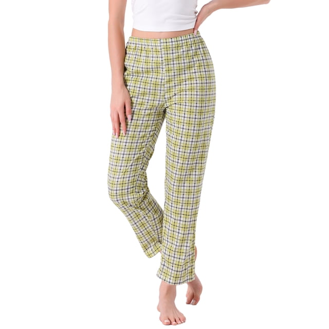 Pantalones de pijama de algodón a cuadros para mujer, con cintura elástica y bolsillo, pantalones de lounge largos, M, a cuadros amarillos