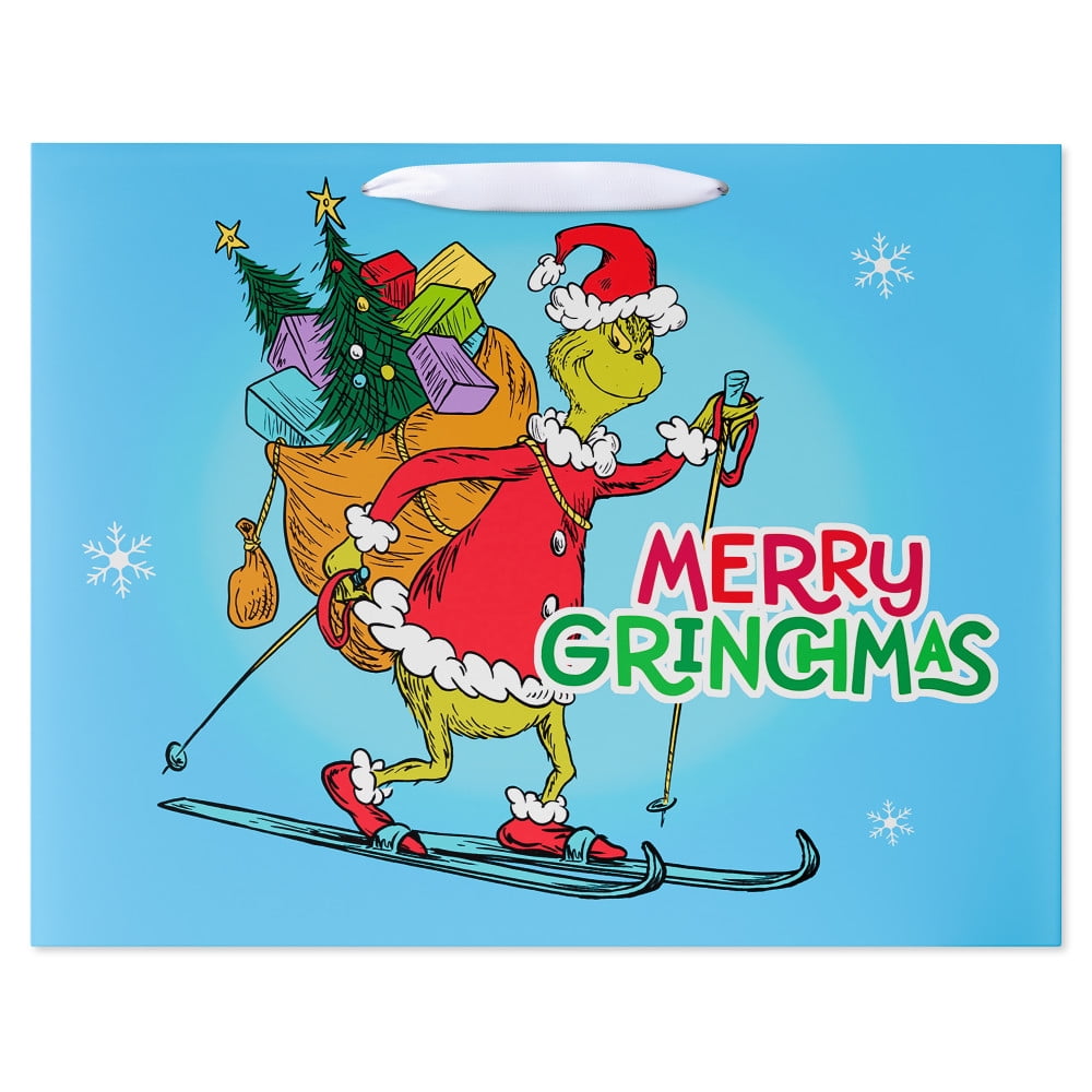 American Greetings 16 in. Extra Large Blue Grinch Christmas Gift Bags (1-Count)