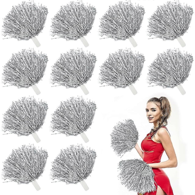 12pcs Metallic Cheerleading Pom Poms With Almi Cozy Handle, Adorable Cheerleader