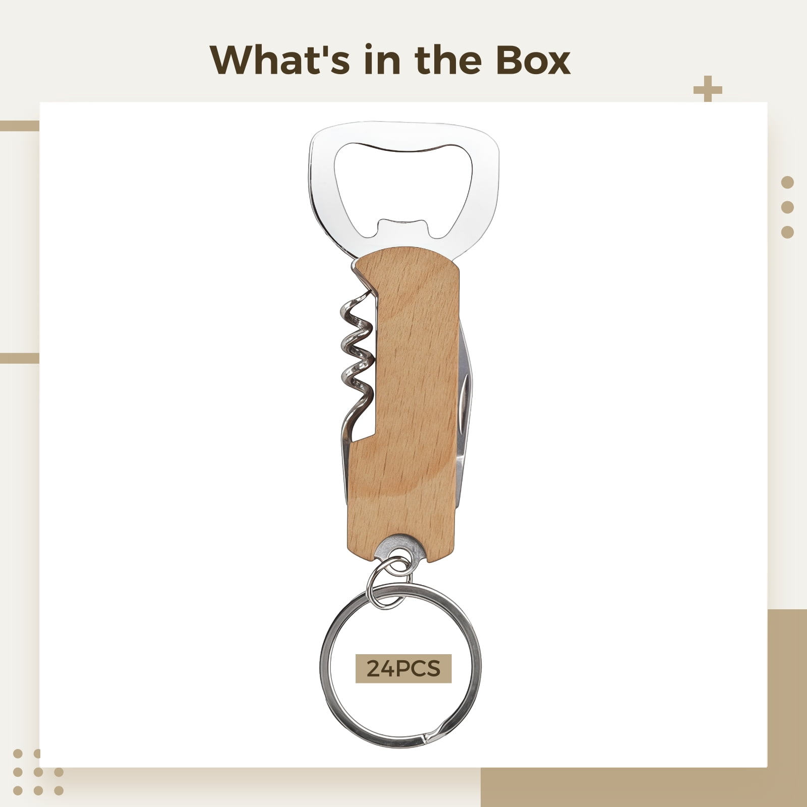 24 Pcs Bottle Opener Keychains, Multi-Function Beer Openers with Wooden Handles & Cutters, Stainless Steel Wine, Beer, and Foil Cutter with Key Ring, Portable for Parties, Camping