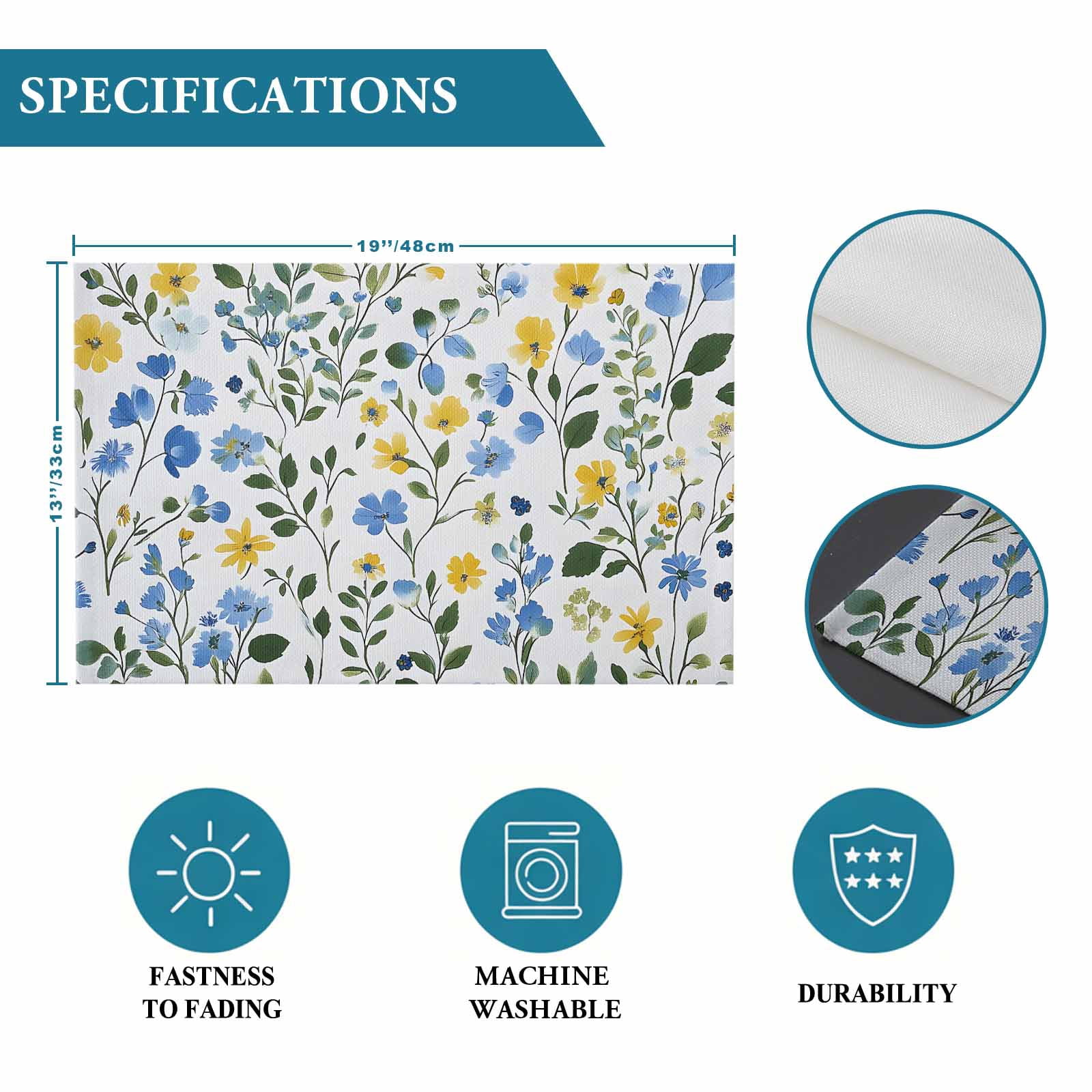 Placemat Set of 6 Yellow Blue Floral Leaf Placemats for Dining Table Wildflowers Plant Washable Table Mats for Kitchen and Party Decor Indoor & Outdoor Use