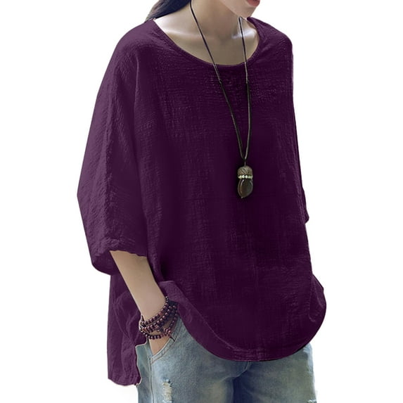 Mytrendy Women 3/4 Sleeve Round Neck Solid Color Casual Baggy Top Blouse
