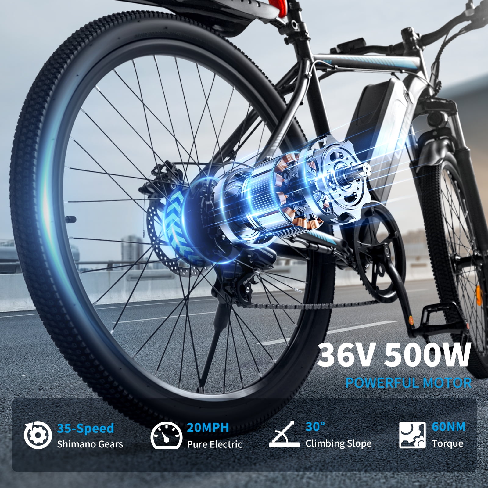 VTOKW 26" Electric Bike for Adults, 500W Ebike with 36V 10.4Ah Battery, 20MPH Electric Bicycles, E-bike for Adults, E Bike UL2849