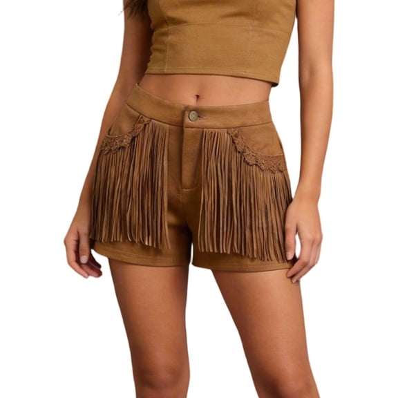 KHONTS Women's Western Rodeo Shorts Fringe Suede Short Pants Retro Low Rise Mini Shorts Brown XL