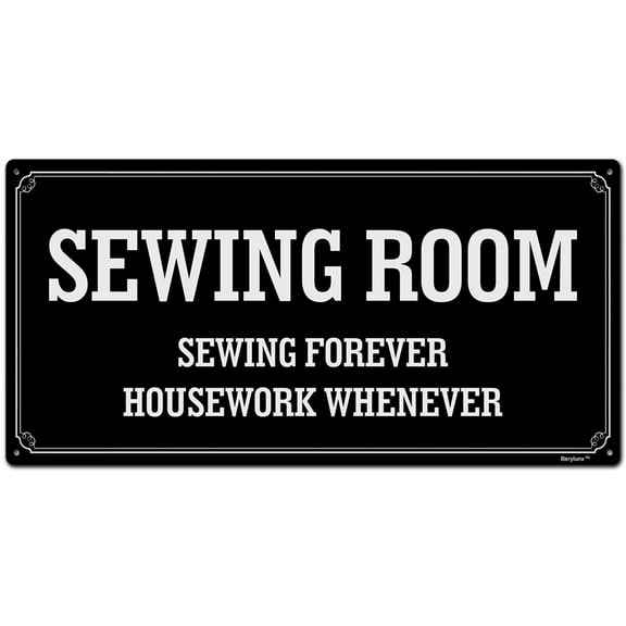 BTFSigns 6 x 12 inch Sewing Room Sewing Forever Housework Whenever Rust-Free Aluminum Signs for Home Office and Business, Metal Signs for Door Black Rounded Corners, Durable, Long Lasting