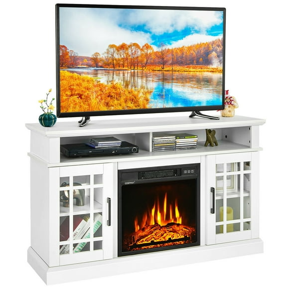 Gymax 48'' Fireplace TV Stand W/ 1400W Electric Fireplace for TVs up to 50 Inches White