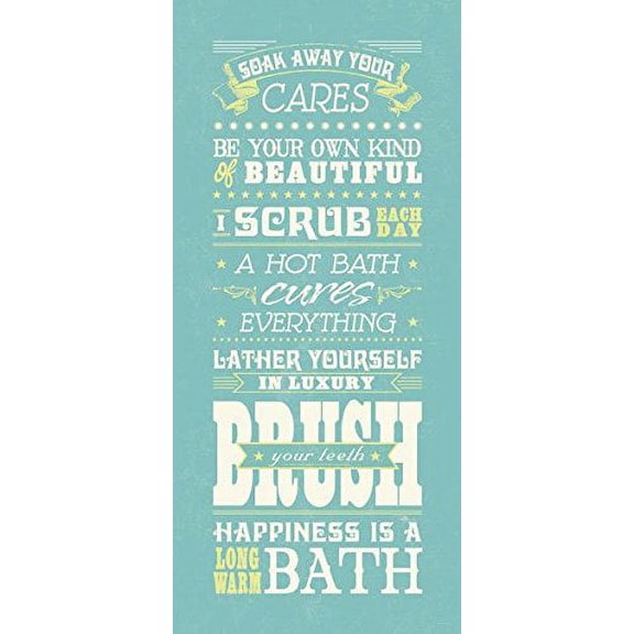 Lovely Teal Typography Rules to Soak Away Your Cares by Pela Studio; Bathroom Decor; One 8x18in Poster Print. Teal/Cream
