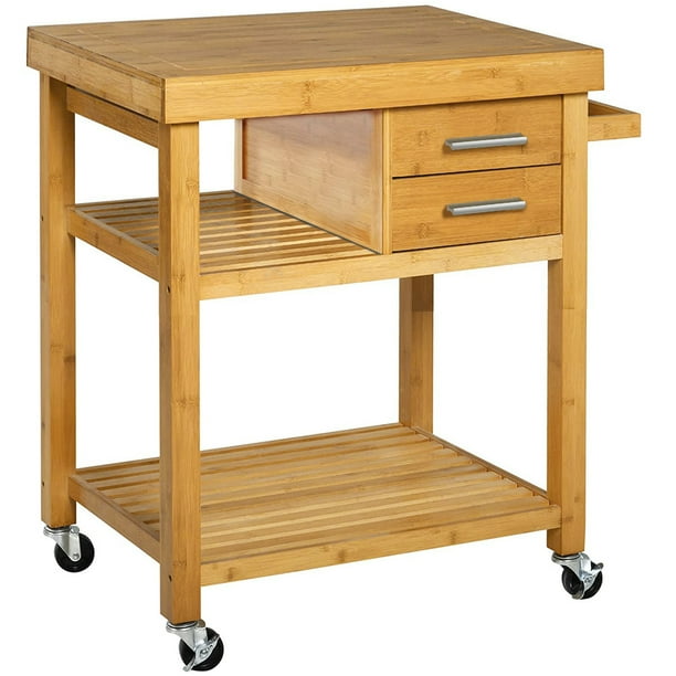 Rolling Bamboo Kitchen Island Cart Food Prep Trolley, with Towel Rack