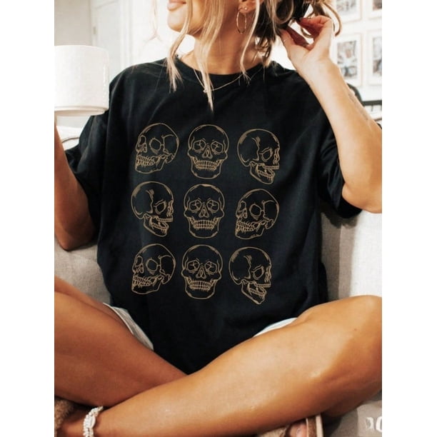 Halloween T-Shirt 100% Cotton Skeleton Shirt, Skull Halloween Shirt, Skull Shirt, Gothic Halloween, Shirts For Women, Fall Tee