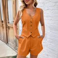 thumbnail image 4 of RMGVDSD Women's Summer 2 Piece Outfits Solid Color V Neck Sleeveless Button Down Vest Pockets Shorts Sets Women Shorts Sets Beachwear, 4 of 9