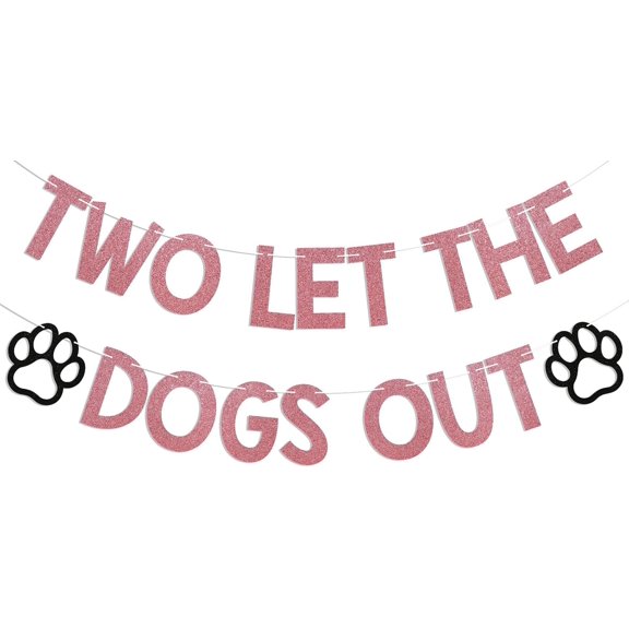 Two Let the Dogs Out Banner - Dog Theme 2nd Birthday Party Decor, Puppy Dog Two Years Old Birthday Party Decorations Rose Gold