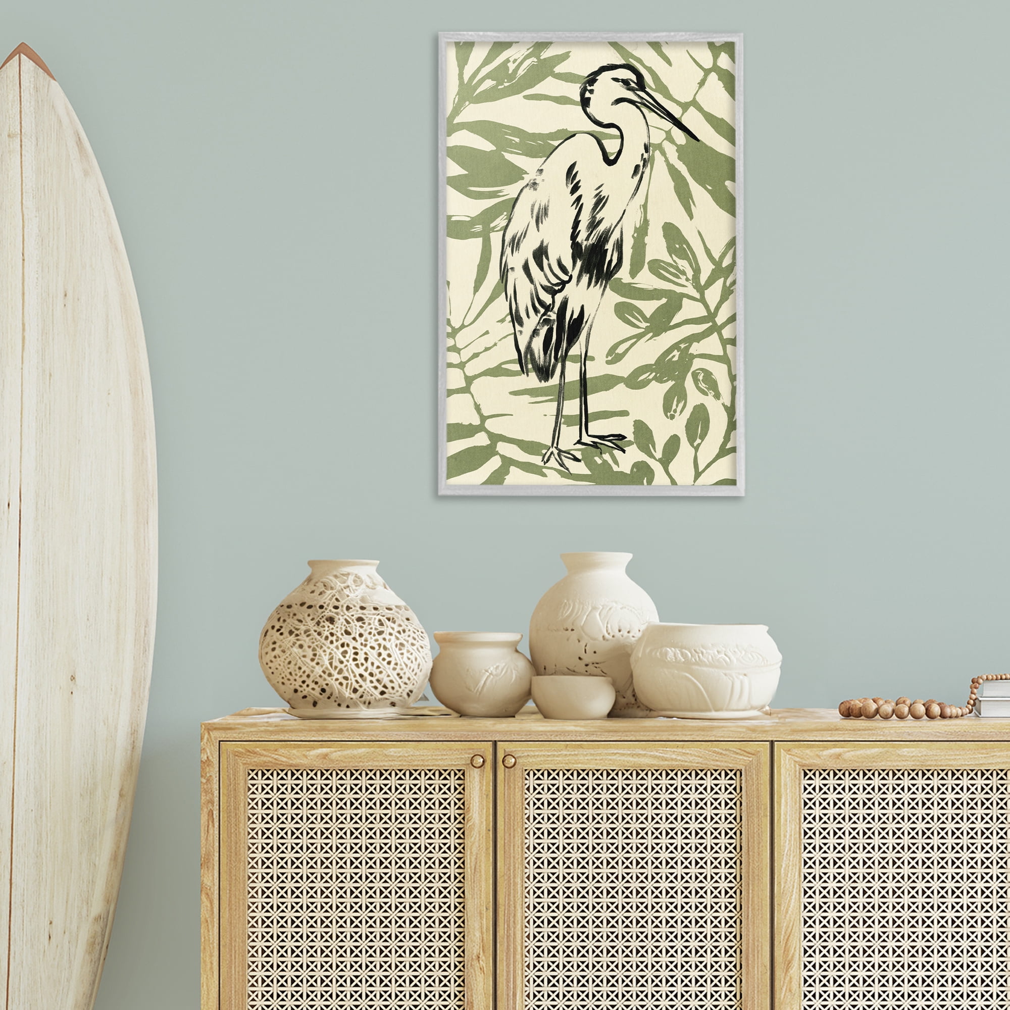 Stupell Industries Heron & Leaf Pattern Animals & Insects Painting Gray Framed Art Print Wall Art, 20 x 30