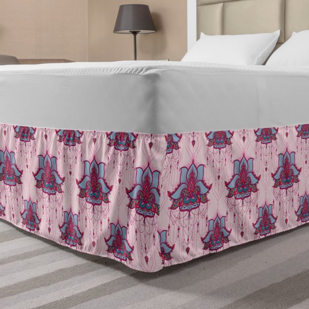 Boho Bed Skirt, Ethnic Motif of Paisley Leaves Folk Asian Meditation