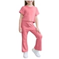 thumbnail image 3 of Loopsun Girls Short Sleeve Round Neck Shirts Crop Top and Flare Pants Soft Casual Summer Outfit Pink, 5-6 Years, 3 of 5