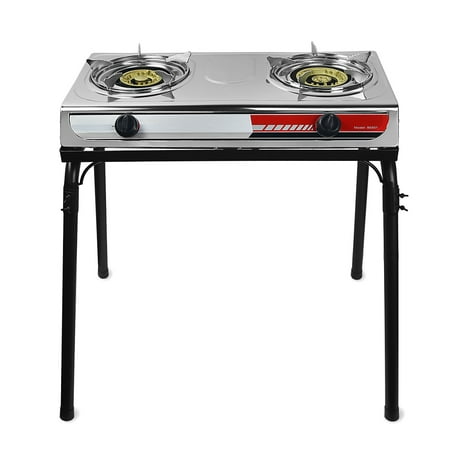 XtremepowerUS Portable Outdoor Propane Gas Range 2-Burner Stove Auto Ignition Grill Camping Stoves Tailgate LPG w/ (Best Propane Gas Range)