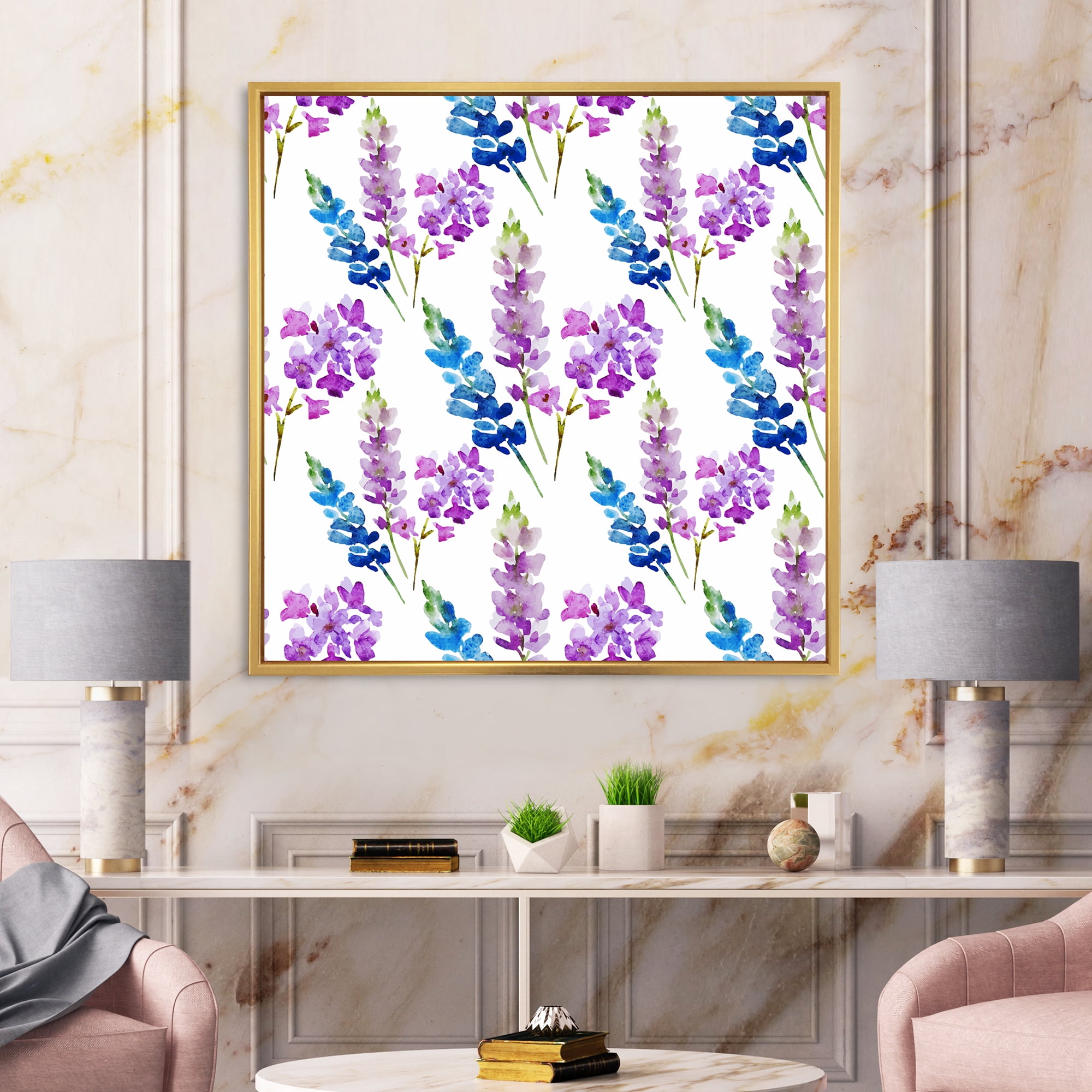 Designart 'Purple and Pink Floral Pattern' Traditional Framed Canvas Wall Art Print