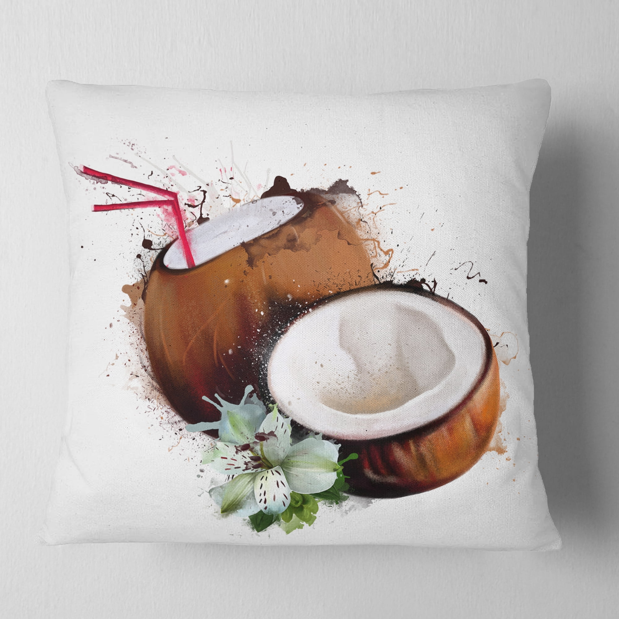 Designart Coconuts with Straw Watercolor - Floral Throw Pillow - 18x18