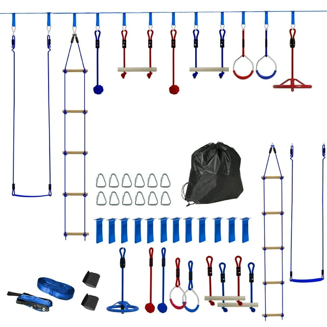 CoSoTower 32.8' Ninja Warrior Obstacle Course for Kids 3-6 Years, with Swing, Monkey Bars, Climbing Ladder, Gym Rings, Blue