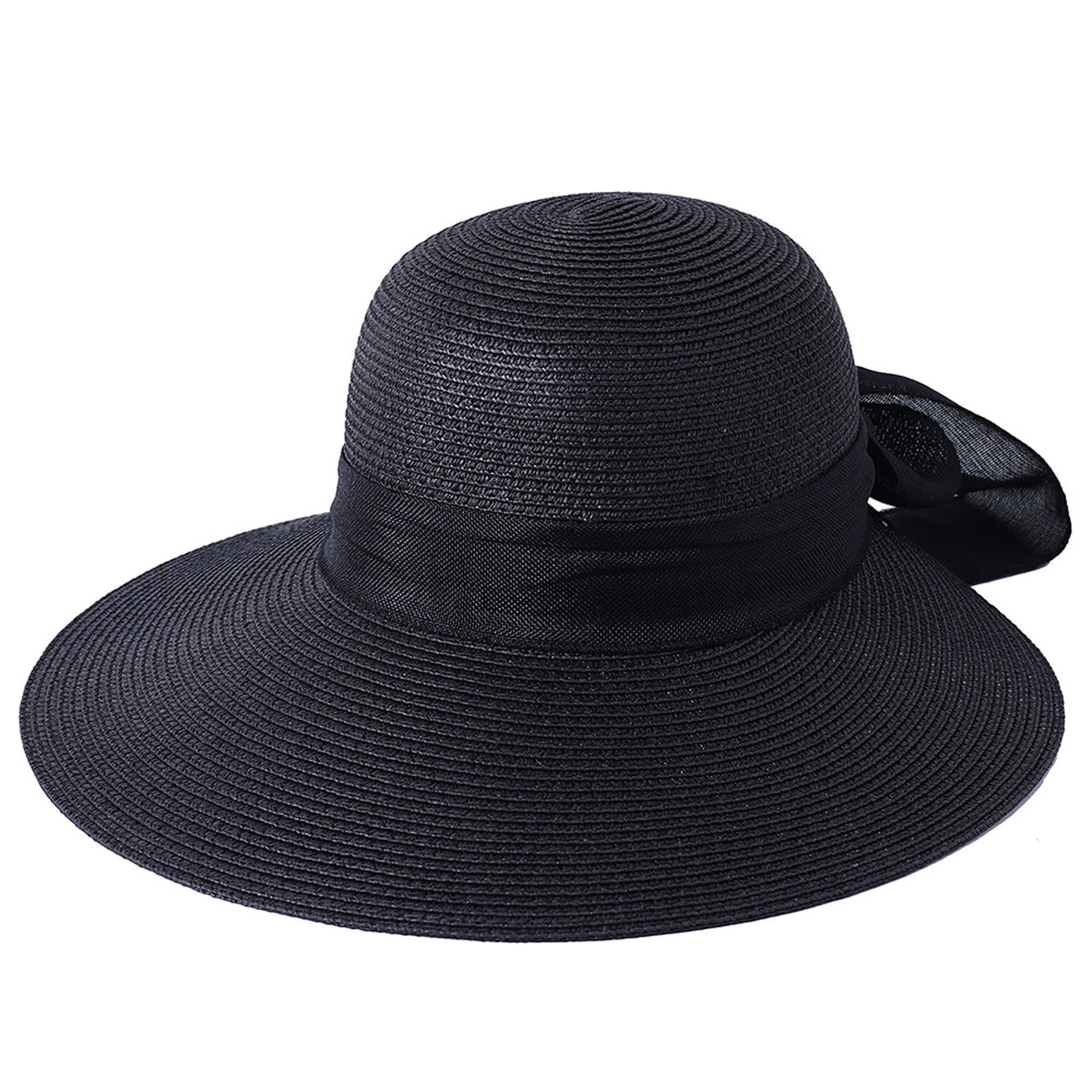 Straw Crochet Bucket Hat for Women Bow Ribbon Wide Brim Floppy Foldable