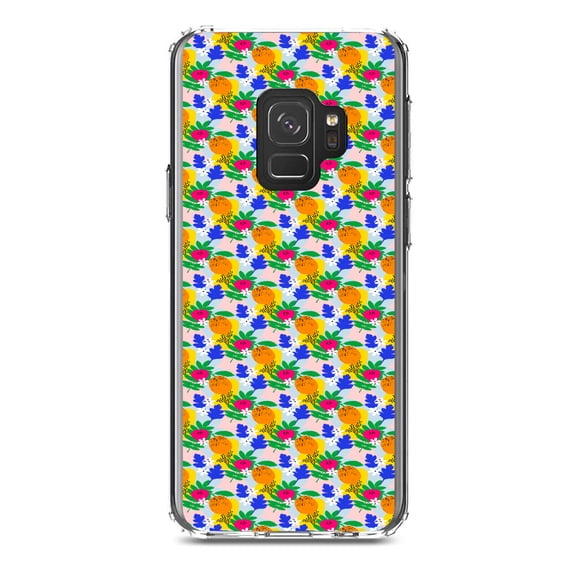 DistinctInk Clear Shockproof Hybrid Case for Samsung Galaxy S9 (5.8" Screen) - TPU Bumper, Acrylic Back, Tempered Glass Screen Protector - Summer Vibes Floral Pattern Orange Blue Yellow