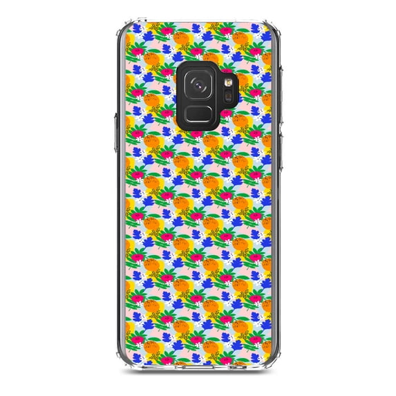 DistinctInk Clear Shockproof Hybrid Case for Samsung Galaxy S9 (5.8" Screen) - TPU Bumper, Acrylic Back, Tempered Glass Screen Protector - Summer Vibes Floral Pattern Orange Blue Yellow