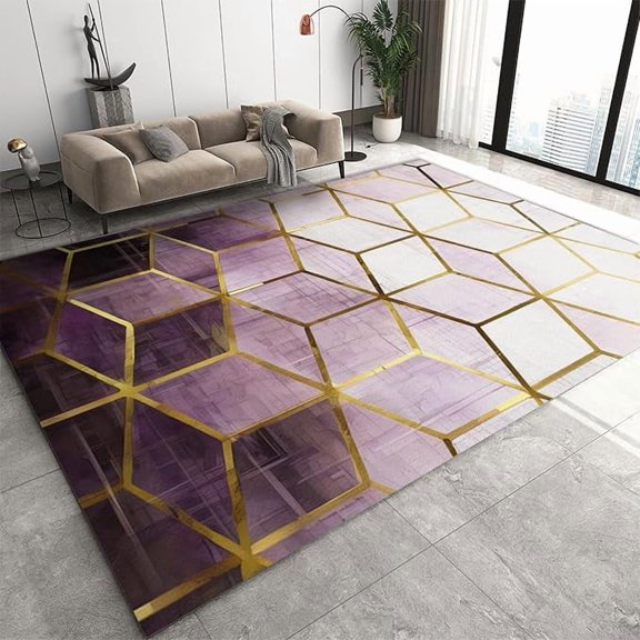 Nordic Purple White Rectangular Pattern Area Rug, Modern Fashion Geometric Gold Thread Indoor Non Slip Large Area Rug, Machine Washable Carpet for Sofa Living Room Home Floor Mat 3 x 5ft