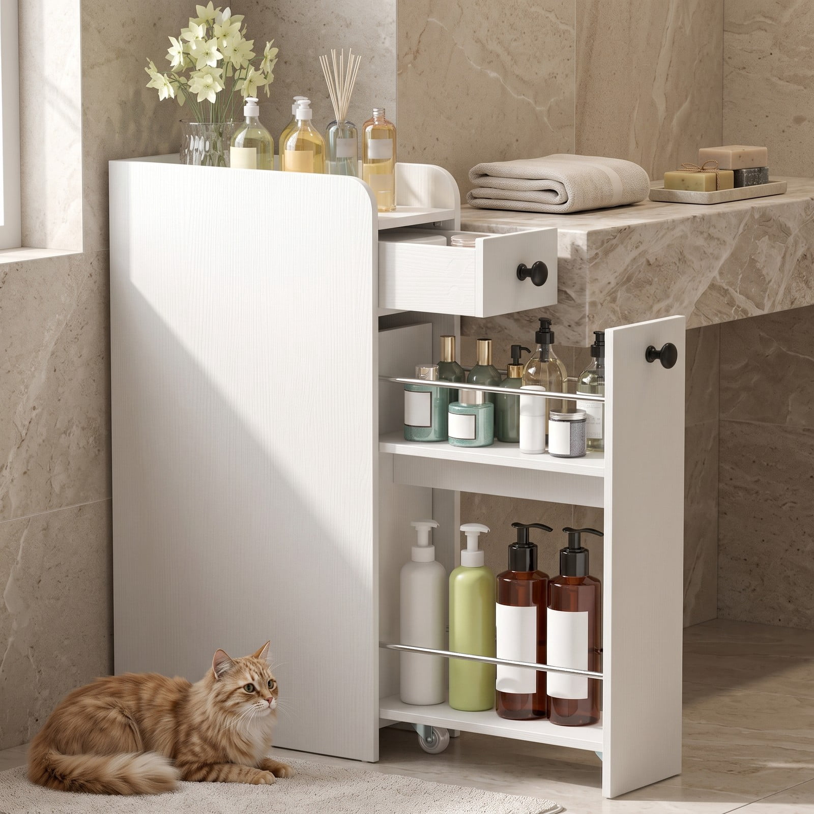 Fenbeli Small Bathroom Storage Cabinet, 4-Tier Narrow Slim Organizer with 3 Slide Out Drawers on Casters, Freestanding Rolling Storage Tower for Bathroom, White