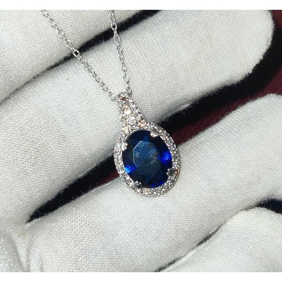 Bluebelljewels Oval Cut Blue Sapphire 14K White Gold Finish Silver Women's Pendant Necklace