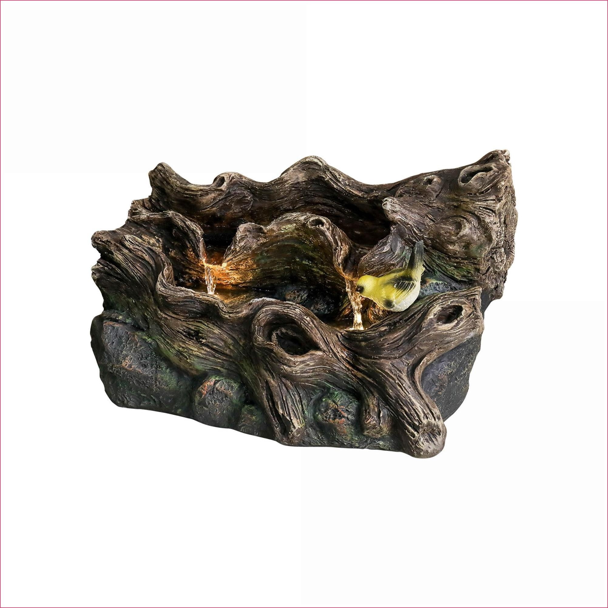 Fountains | 14.1" Rustic Tree Trunk Outdoor Fountain for Garden Patio, Adjustable Pump, No Assembly | Tan Brown | Concrete / Cement
