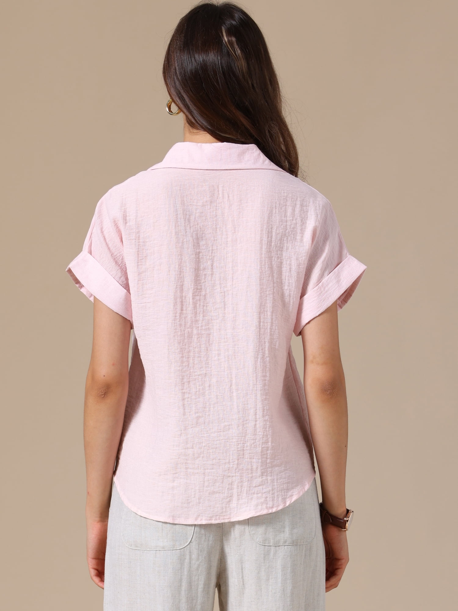 DARING DIVA Women's Button Up Casual Work Short Sleeve Collared Blouse S Pink