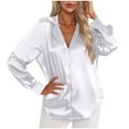 thumbnail image 4 of AKOEE Womens Button Down Satin Shirt Office Work Dressy Casual Lapel Collared Shirts Long Sleeve Business Silk Tops (Medium, White 01), 4 of 5