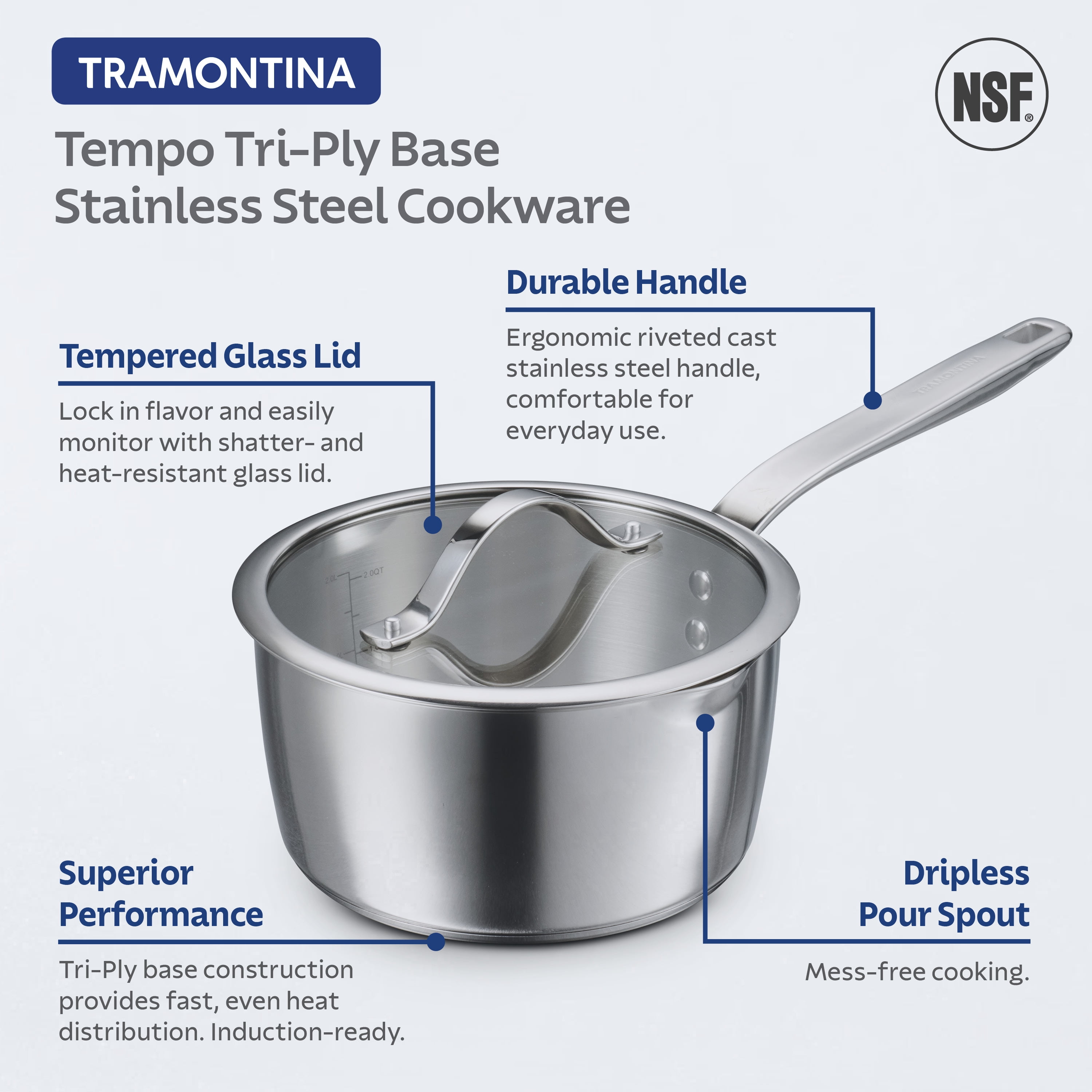 Tramontina Tempo Tri-Ply Base Stainless Steel 7-Piece Cookware Set with Glass Lids, Pots and Pans Kitchen Set, Induction-Ready, Oven-Safe, Dishwasher-Safe