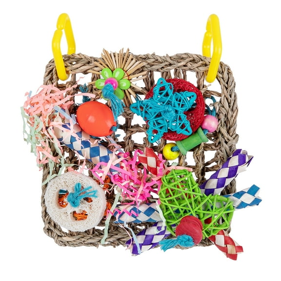 Bird Toys Foraging Wall Toy Edible Seagrass Woven Climbing Mat with Colorful Chewing Toys for Parakeet Conure Lovebird
