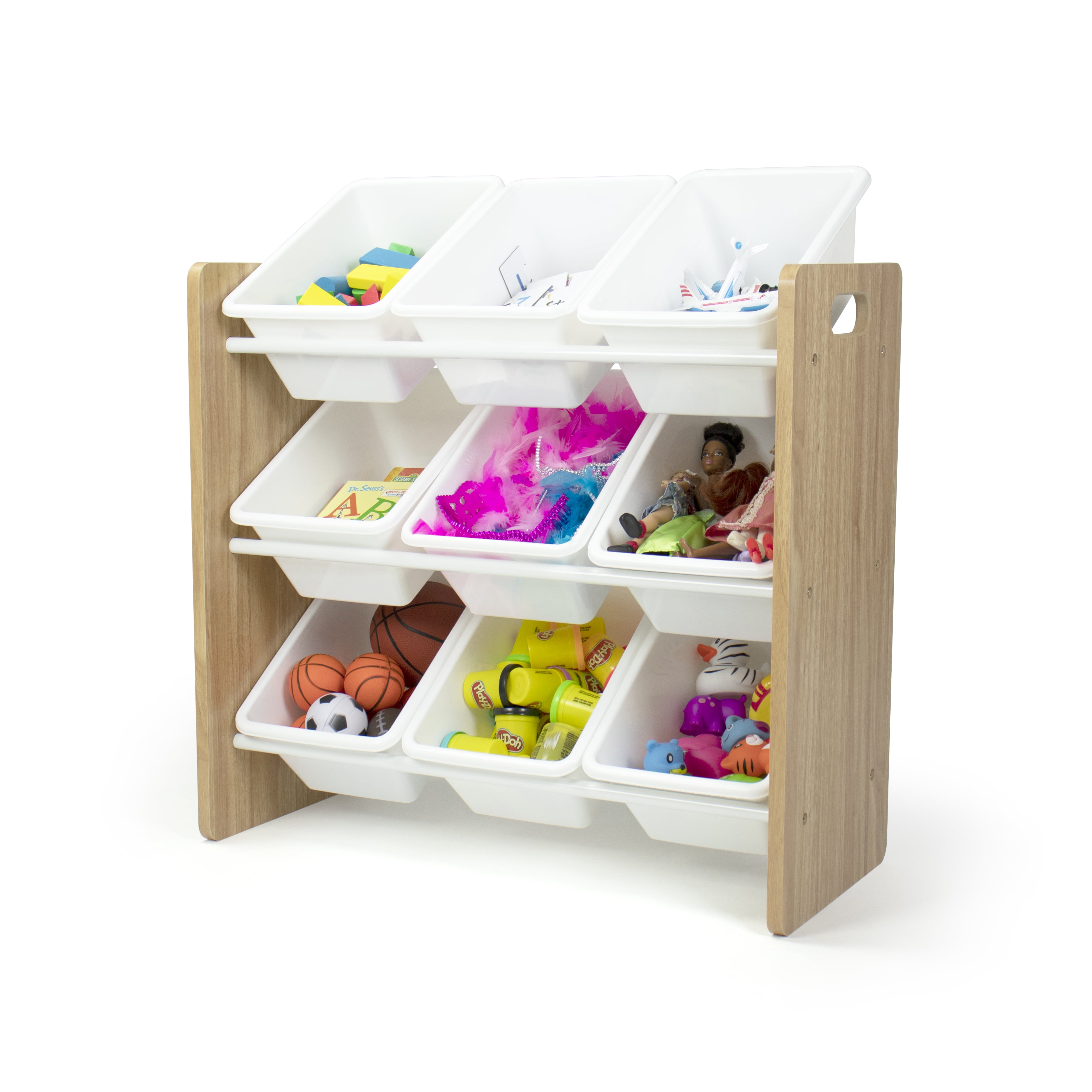 Humble Crew Journey Kids Toy Storage Organizer with 9 Plastic Storage Bins,  Natural Wood/White 