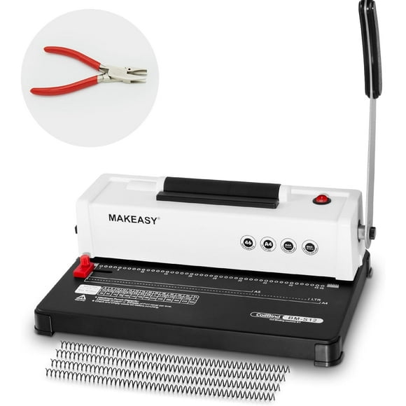MAKEASY Spiral Binding Machine, 4:1 Pitch, 12 Sheets Punch Capacity, Electric Coil Insert, Book Binder Machine for A4/A5/Letter Size Paper, Come with 1 Box pcs 5/16'' Coils & Pliers