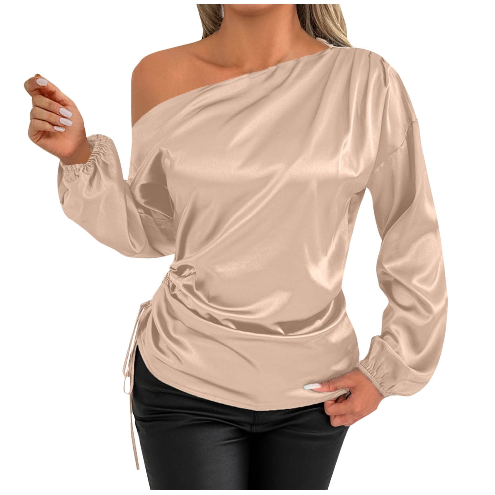 RYRJJ Women's Satin Silk Tops Off The Shoulder Dressy Blouse