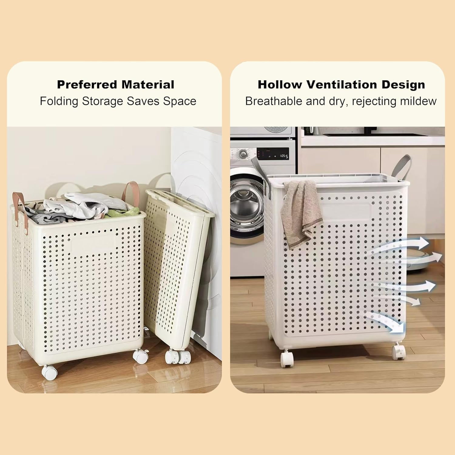 XZKING 50L Foldable Laundry Hamper Rolling Laundry Basket Cart with Wheels Collapsible