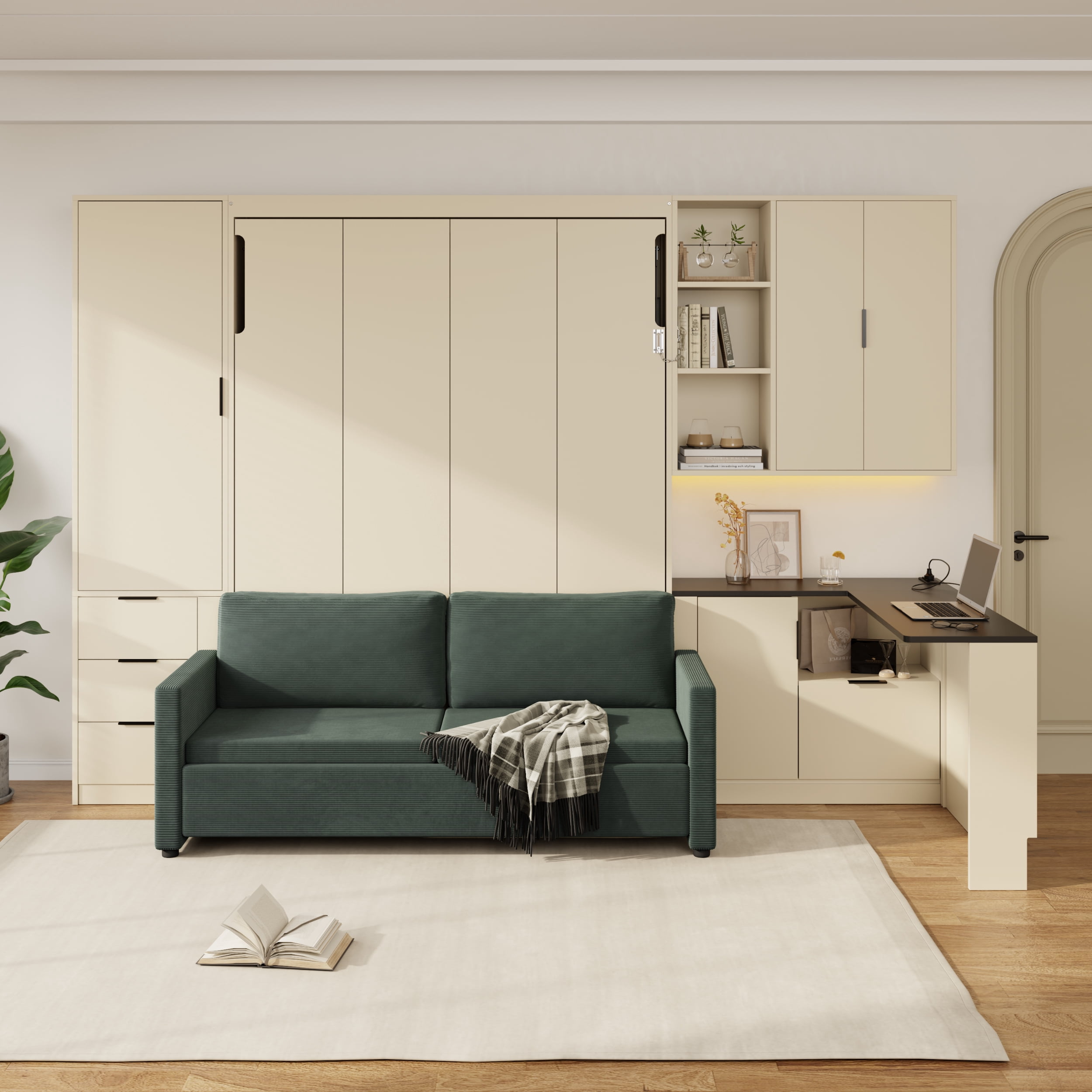 Queen Size Murphy Bed with Sofa, Writing Desk, Storage Shelves & Drawers, LED and USB for Small Space, Guest Room