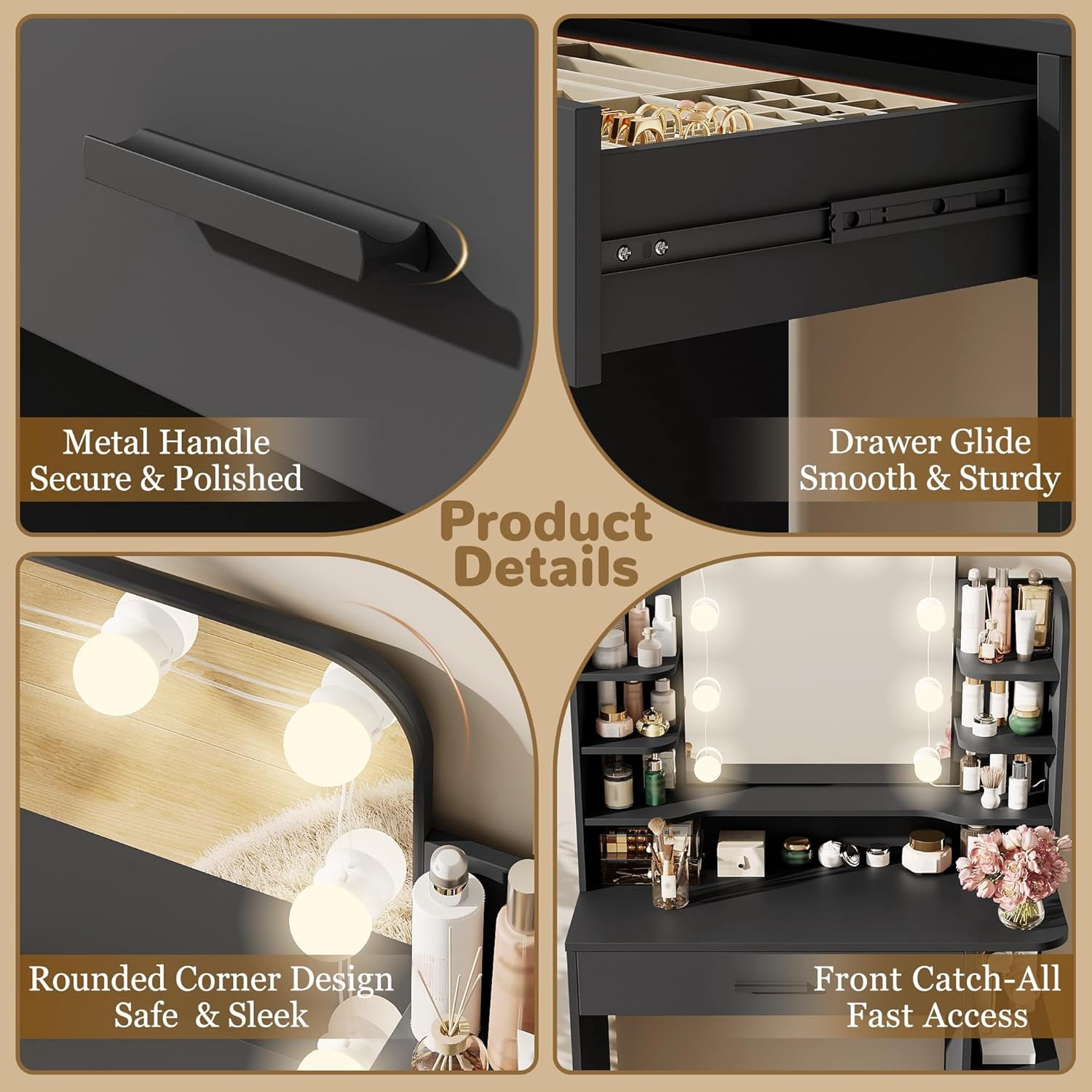 Pipleo 31" W Makeup Vanity Desk with Mirror and Lights, Small Vanity Table with 8 Storage Shelves, Big Drawer and 3 Lighting Colors, Bedroom Vanity for Girls
