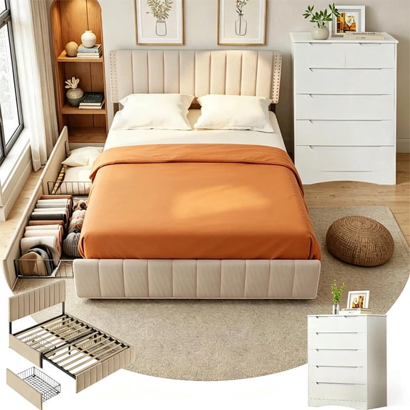 Jolifa Bedroom Furniture Set, Beige Oueen Size Bed Frame & White Wood 6 Tall Drawer Dresser, Sturdy and Stable, for Small Space, Bedroom