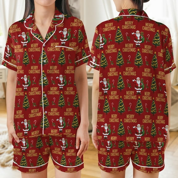 Lotusprinthandmade Merry Christmas Graphic All-over Print Satin Short-Sleeve Pajamas Set (S), christmas pattern pajamas set, christmas printed pajamas set