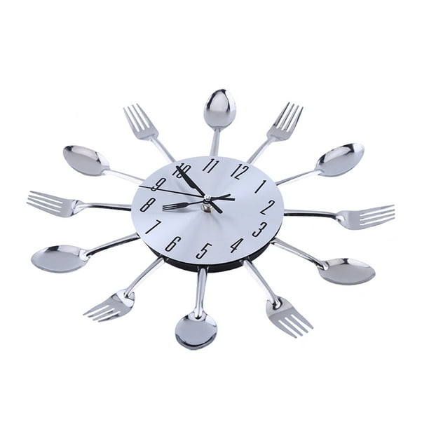 Espejo 3D grande plateado ANGGREK diseño moderno cuchara tenedor reloj de pared utensilio de cocina Acero inoxidable