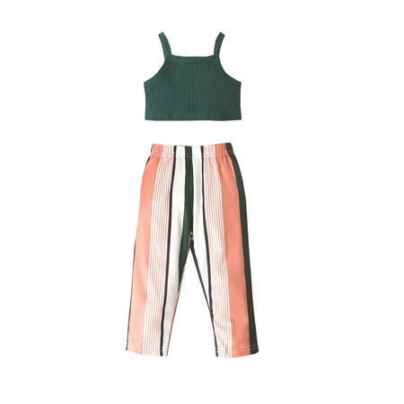 

Tempura Girl s Two-Piece Suit Baby Toddler Kid Girl Sleeveless Ribbed Sling Crop Tops + Stripe Pattern Elastic Waist Pants