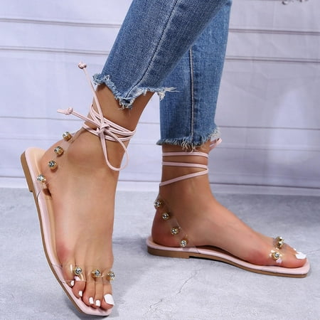 

Lace up Flat Sandals Rhinestone Dresssy Low Wedge Travel Flat Sandal Summer Wedding Shoes Cute Strappy Open Toe Flat Sandals
